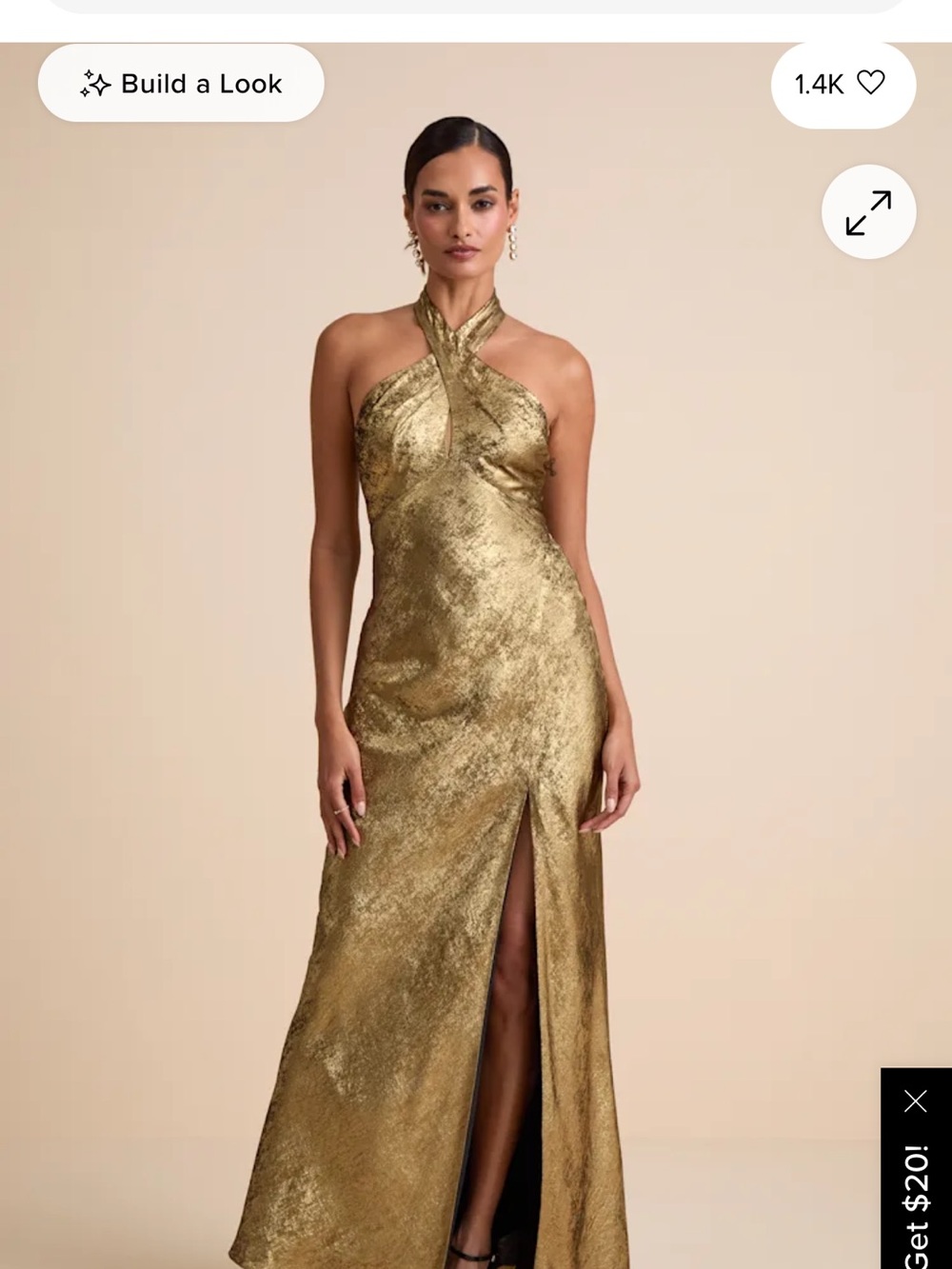 Lulus Gold with black underlay Halter Evening Gown - Elegant Metallic Dress